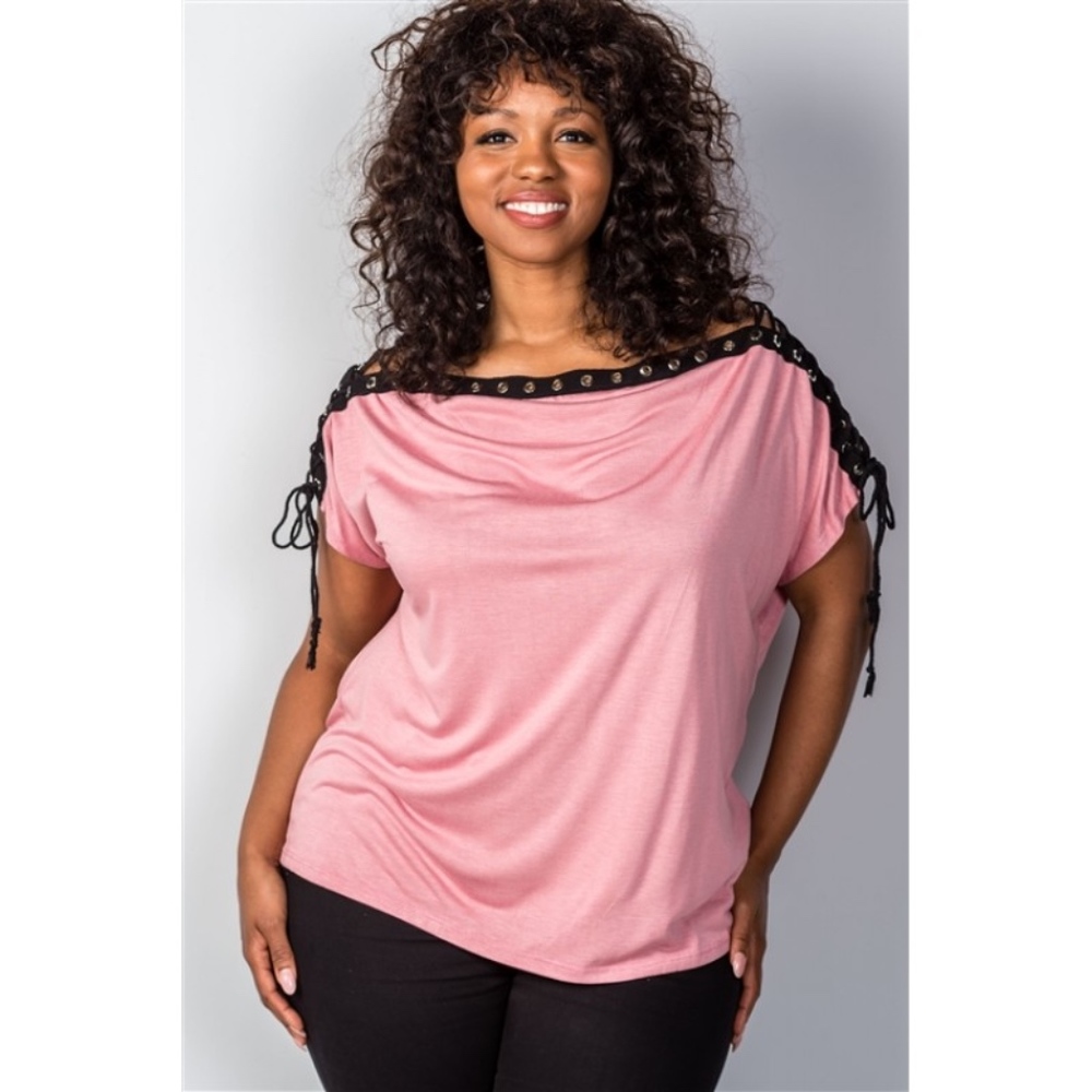 Lace-Up Neckline Top in Pink (Plus)